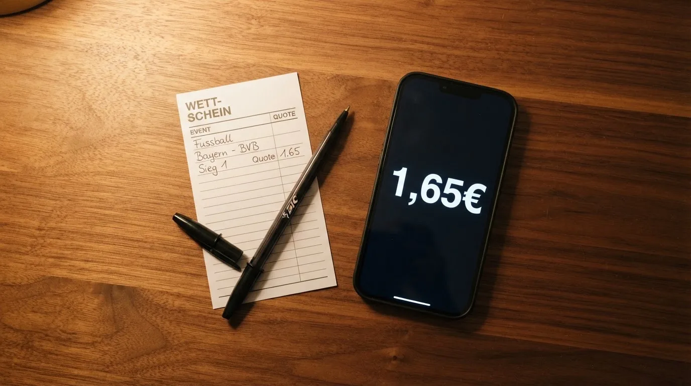Ein leerer Papier-Wettschein und ein Kugelschreiber liegen auf einem Holztisch neben einem schwarzen Smartphone.