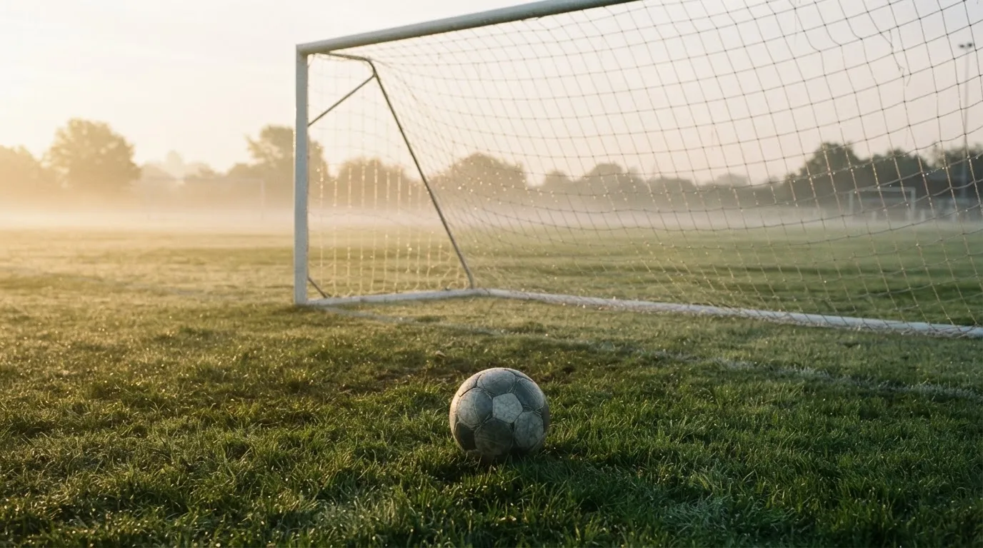 Ein Fußball liegt auf dem Rasen vor einem Tor im Morgennebel, die Netzmaschen sind taufeucht.