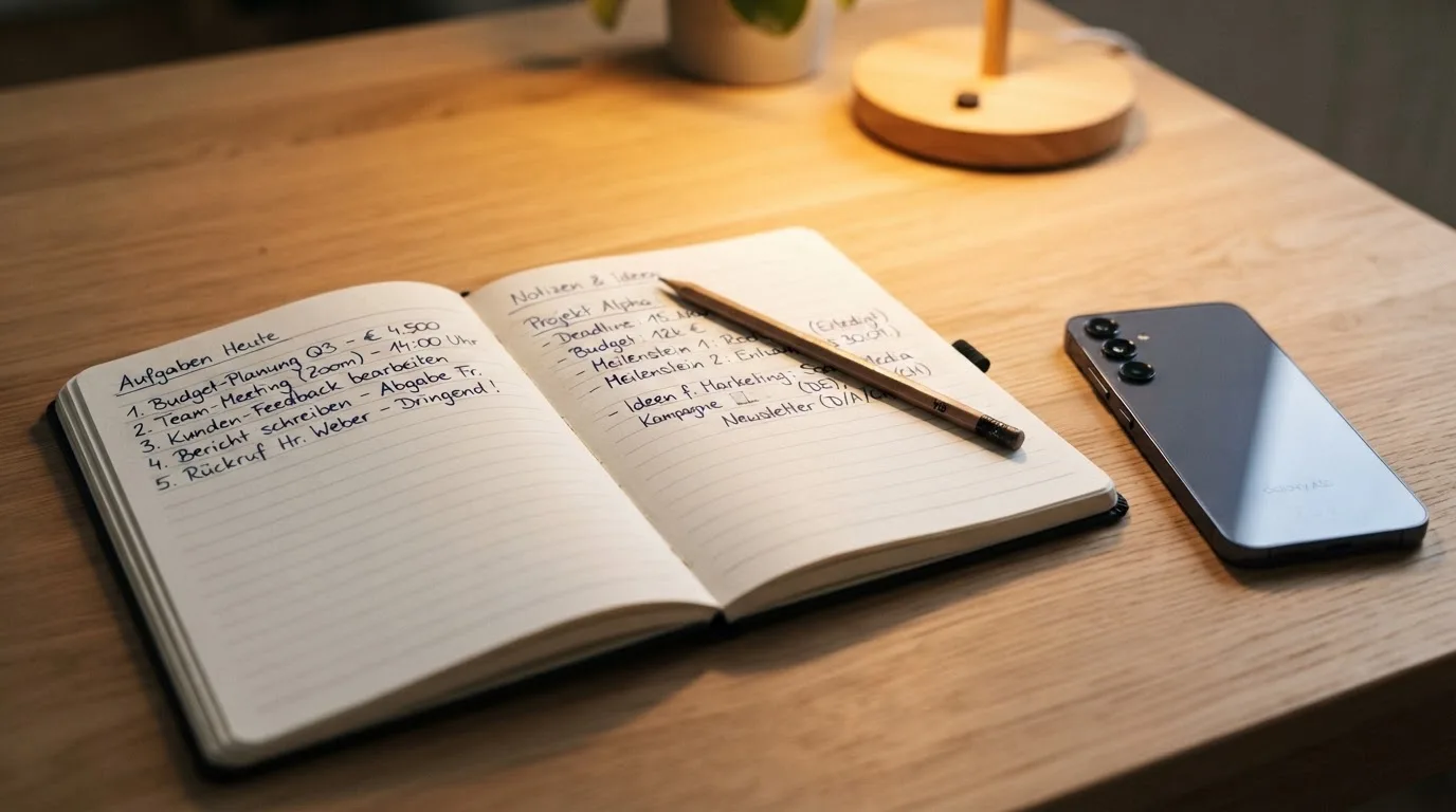 Ein Notizbuch mit handschriftlichen Zahlenreihen liegt neben einem Bleistift und einem Smartphone mit dunklem Display auf einem Tisch.