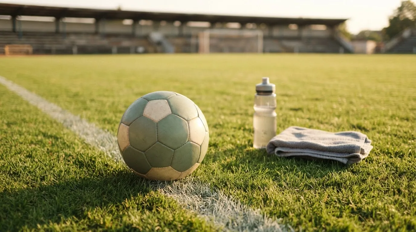 Ein Fußball auf einer Wiese neben der Seitenlinie, daneben eine Trinkflasche ohne Aufdruck und ein Handtuch.