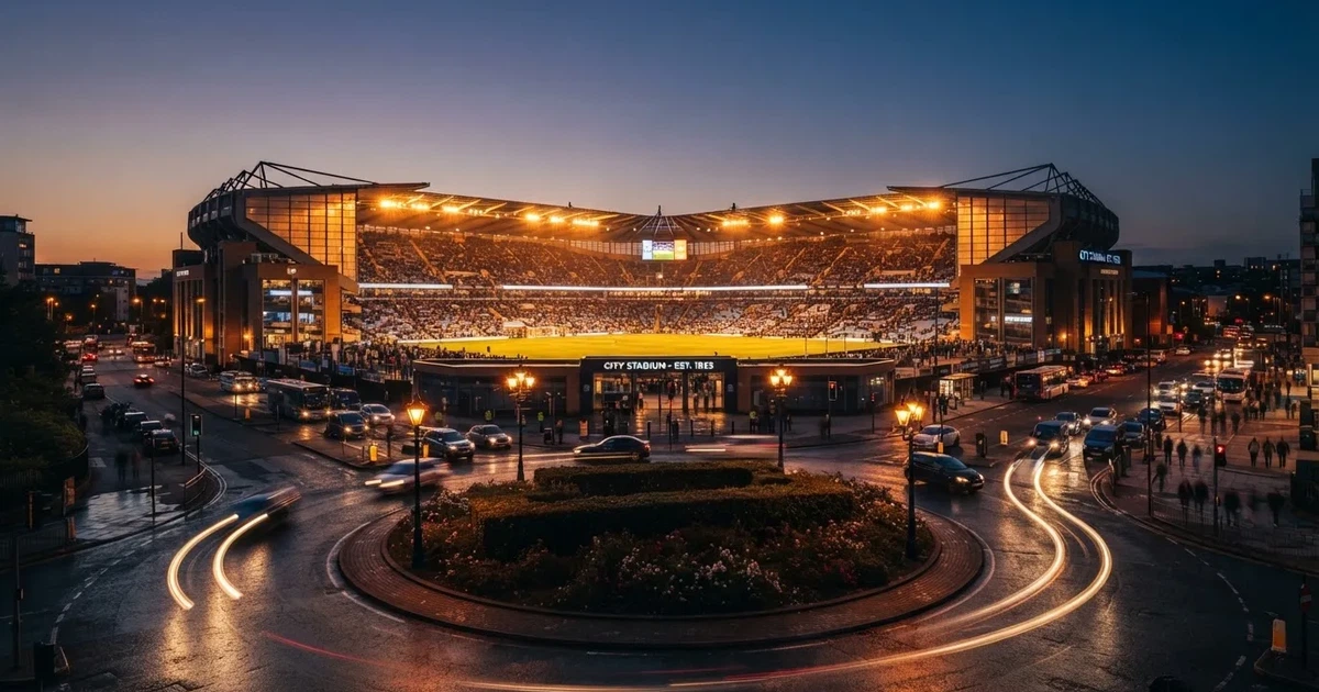 Ein Fußballstadion in der Dämmerung aus der Ferne, die Flutlichter gerade eingeschaltet, davor ein Kreisverkehr mit Laternen.