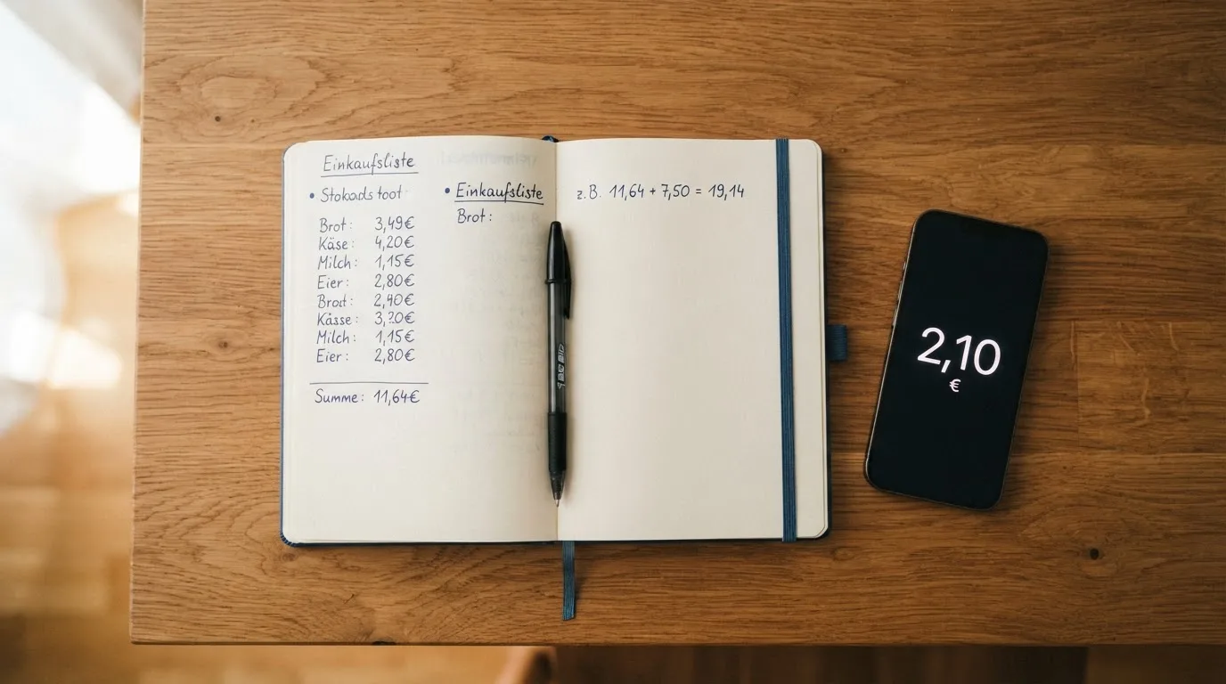 Ein Notizbuch mit handschriftlichen Notizen und ein Taschenrechner liegen auf einem Schreibtisch neben einem Smartphone mit dunklem Display.