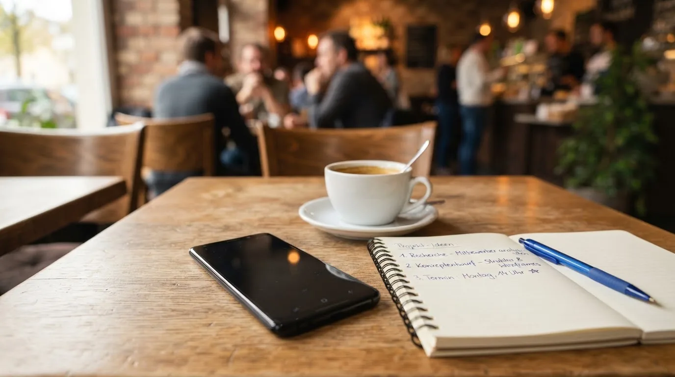 Ein Smartphone liegt mit schwarzem Display neben einer Kaffeetasse und einem Notizblock auf einem Café-Tisch.