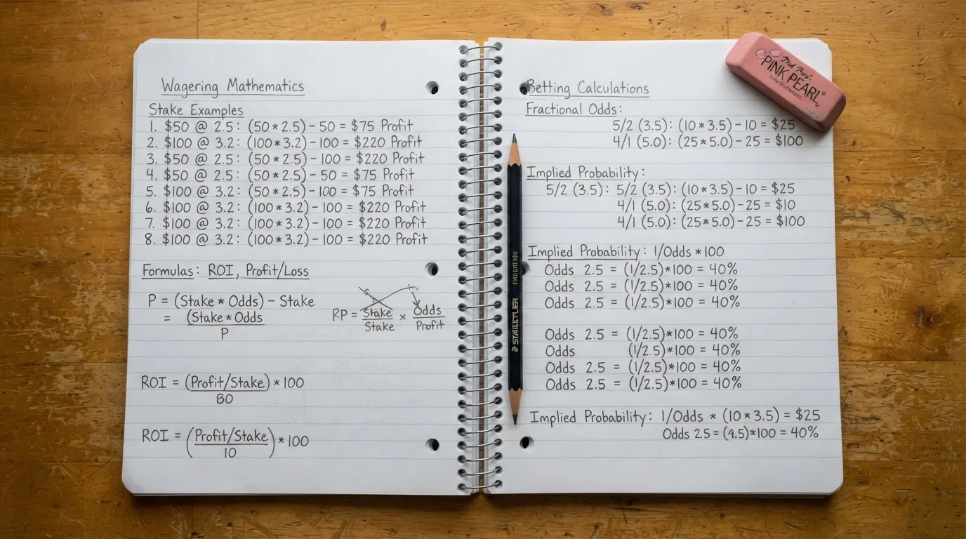 Ein Notizbuch mit handschriftlichen Multiplikationen liegt aufgeschlagen auf einem Holztisch, daneben ein Bleistift und ein Radiergummi.