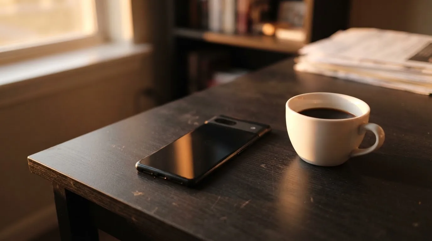Ein Smartphone mit dunklem Display liegt neben einer Kaffeetasse auf einem Schreibtisch, durch das Fenster fällt Abendlicht.