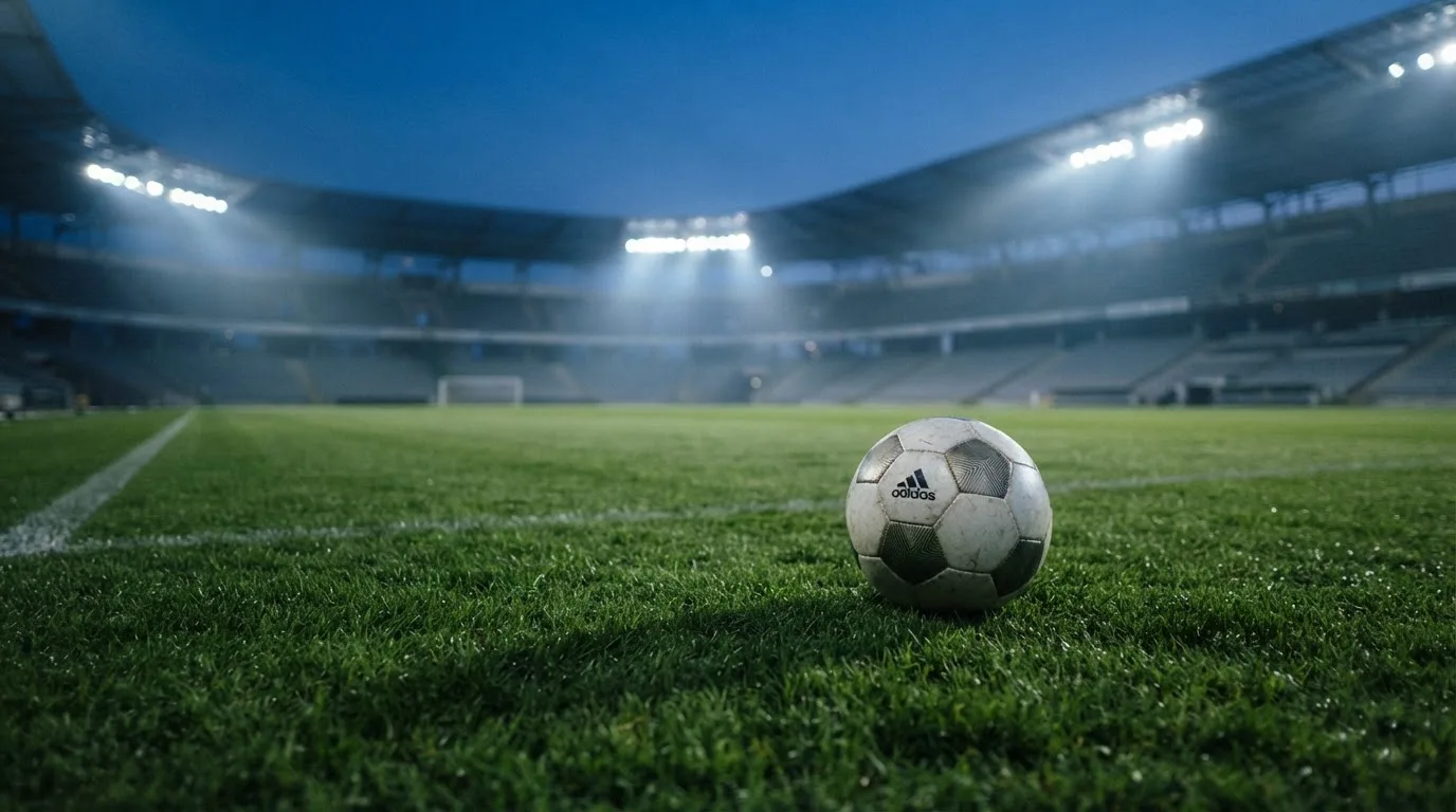 Ein Fußball liegt auf einem Rasenplatz in der Dämmerung, im Hintergrund ein ferner Stadionrand unter Flutlicht.