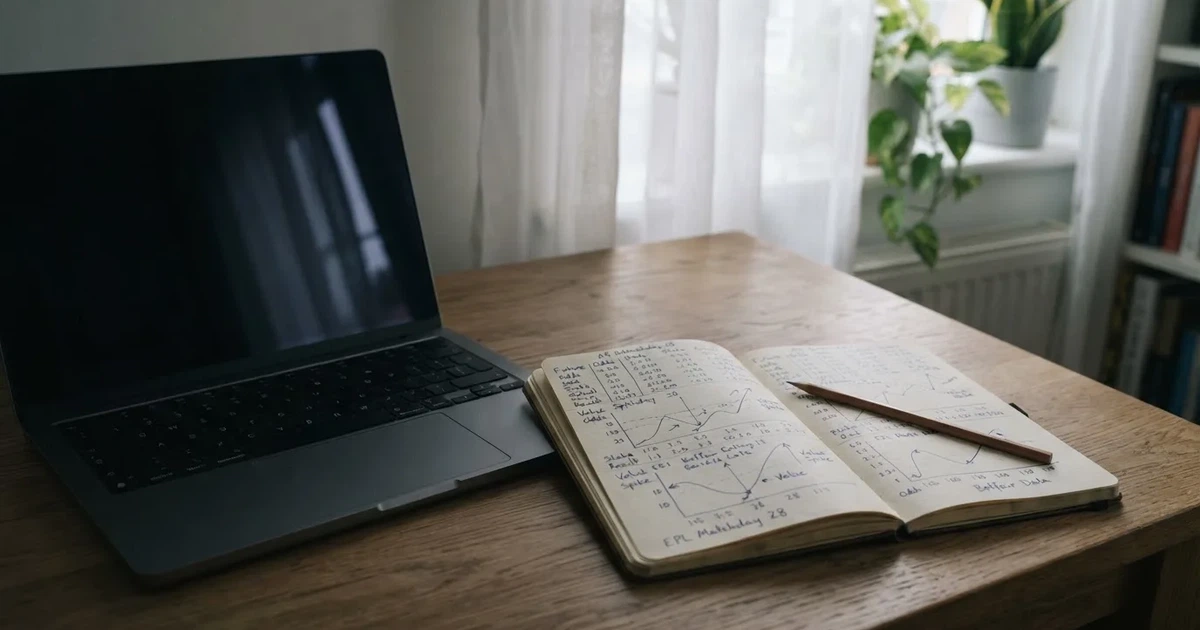 Ein Laptop-Bildschirm bleibt dunkel, davor ein Notizbuch mit handgezeichneten Kurven und ein Bleistift auf einem Schreibtisch am Fenster.