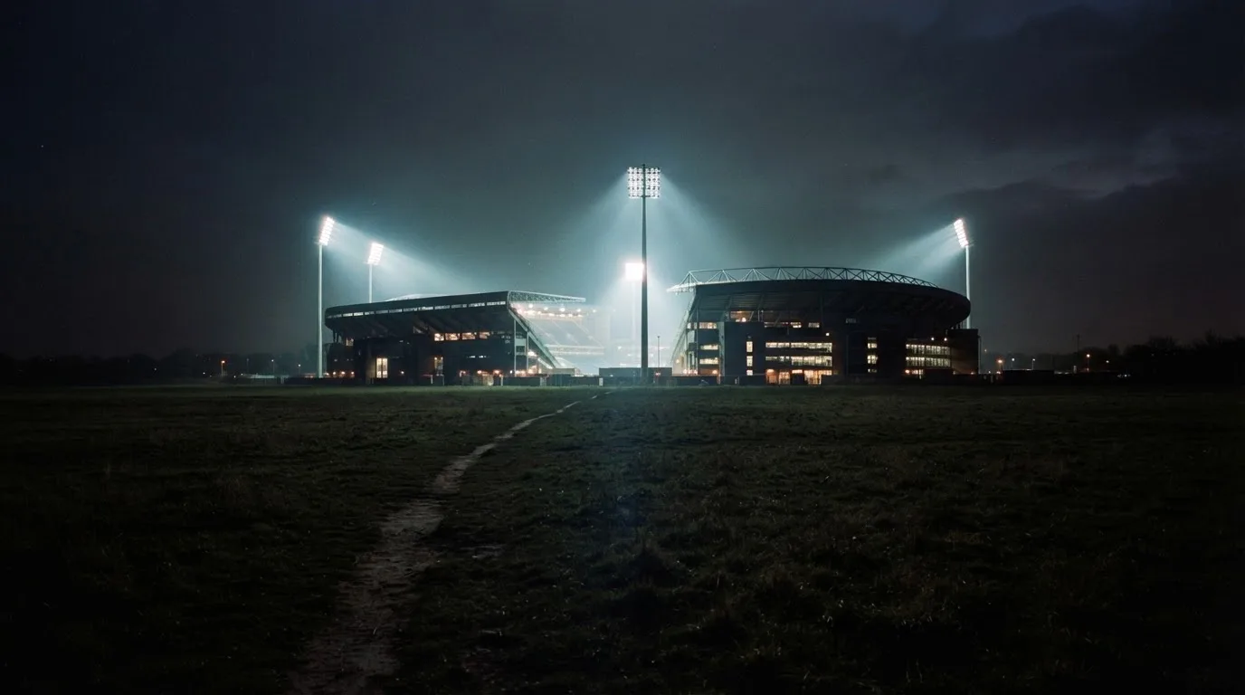 Ein Stadion unter Flutlicht von weitem gesehen, davor ein Feld und ein Feldweg im Dunkeln.